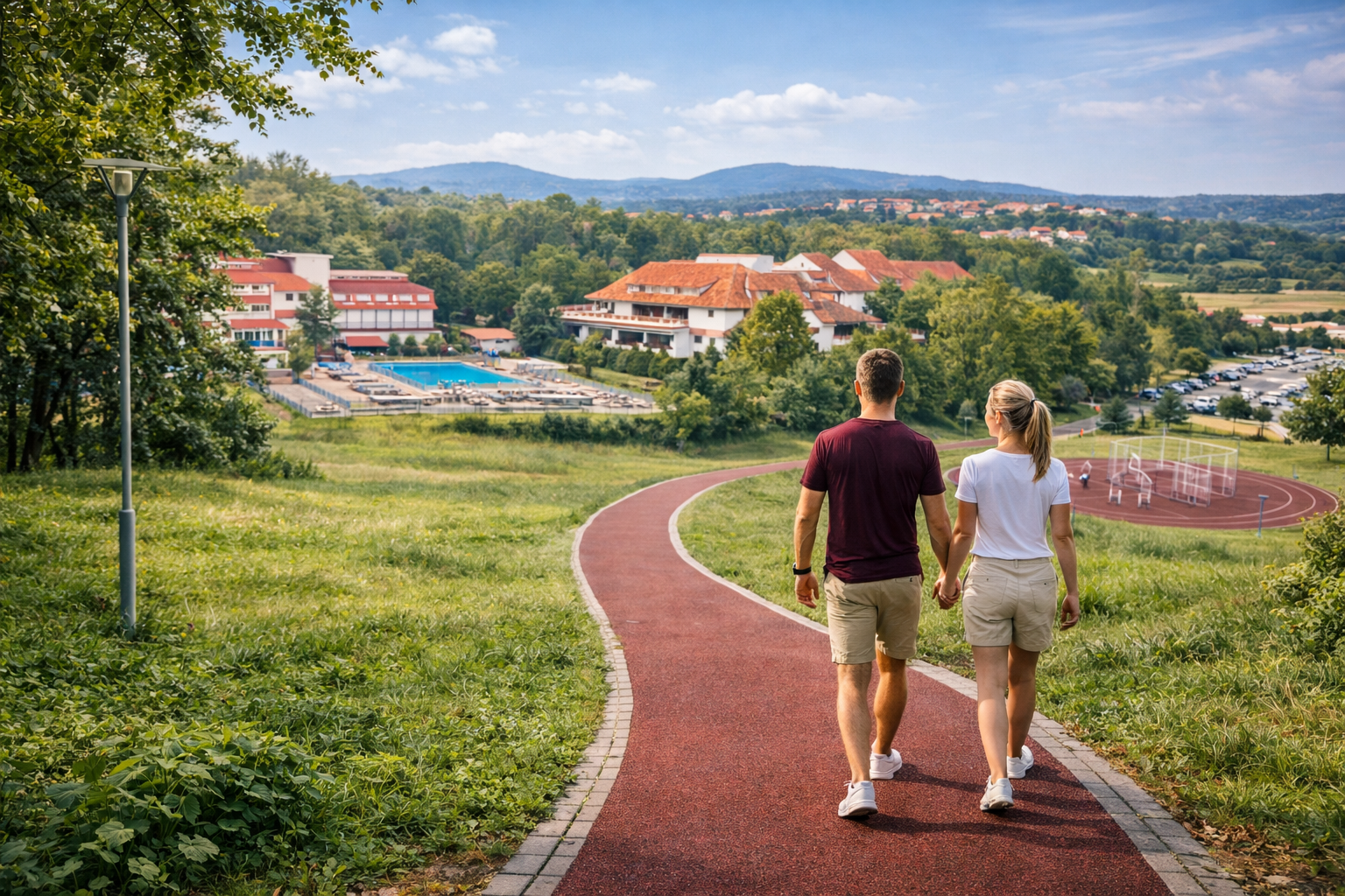 Par šeta stazom ka Institutu za rehabilitaciju Selters, sa pogledom na kompleks, bazen i prirodu Kosmaja