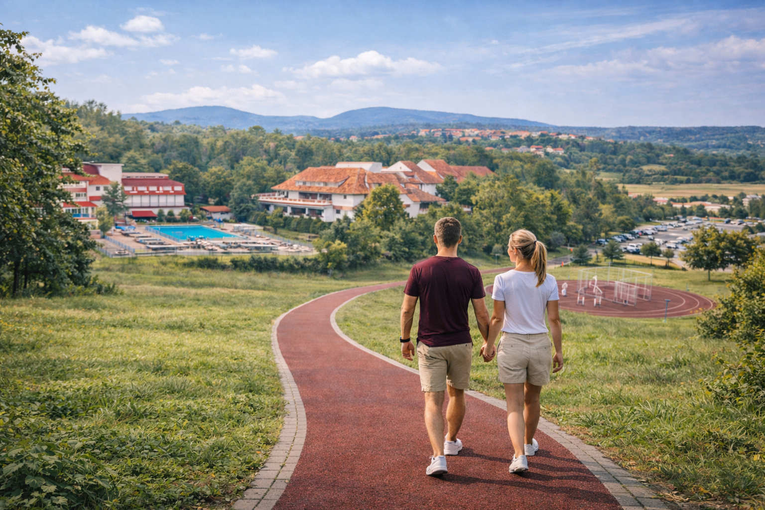 Par šeta stazom ka Institutu za rehabilitaciju Selters, sa pogledom na kompleks, bazen i prirodu Kosmaja