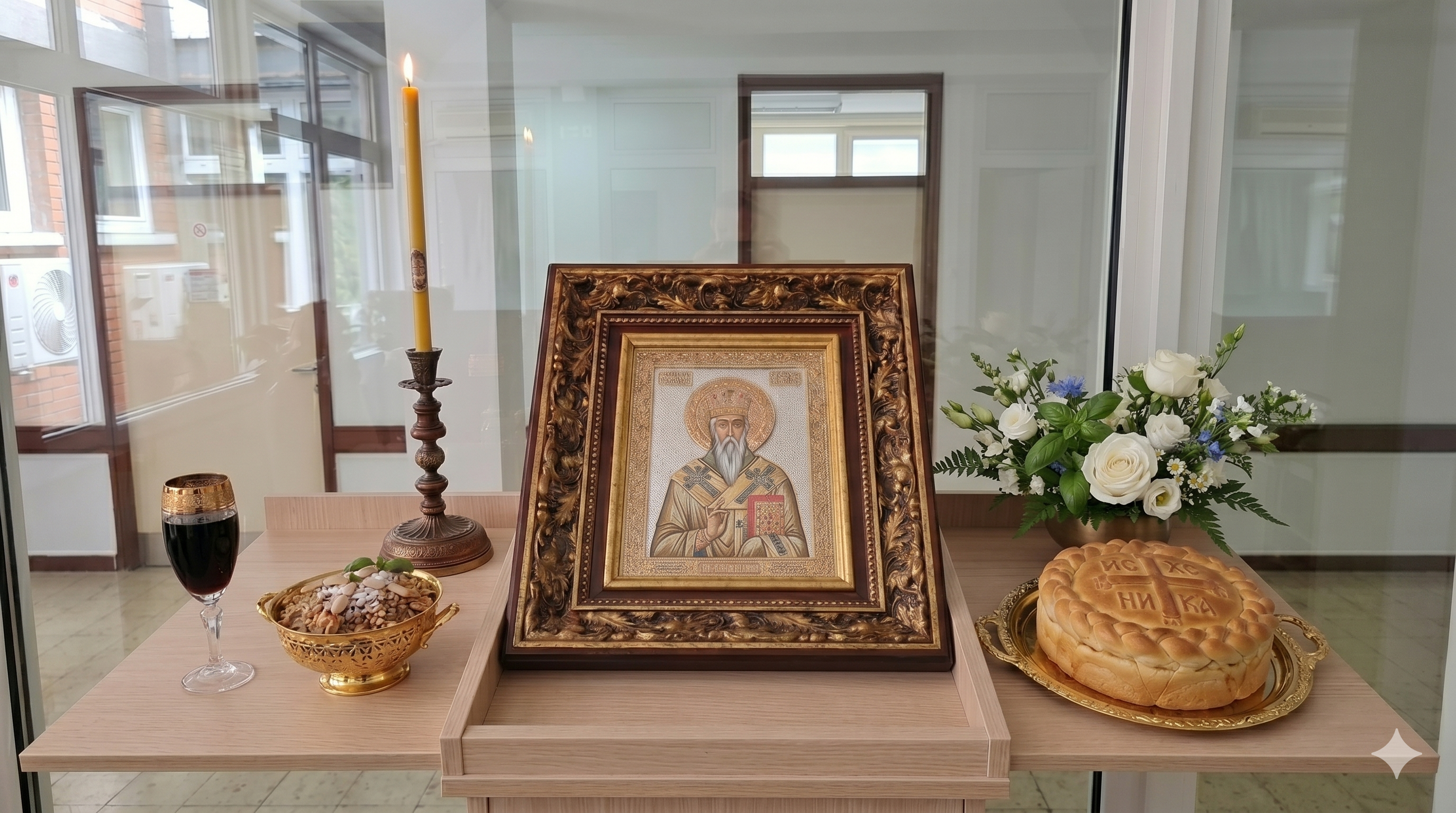 Svečani slavski sto sa ikonom Svetog Vasilija Ostroškog u zlatnom ramu, slavskim kolačem na tacni, žitom, vinom i zapaljenom svećom u modernom Institutu za rehabilitaciju u Sokobanjskoj.